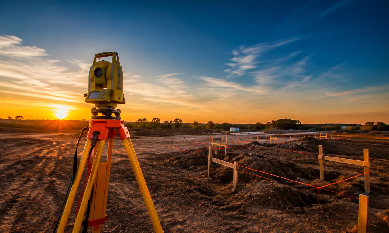 Estação total marcando pontos de locação em canteiro de obras